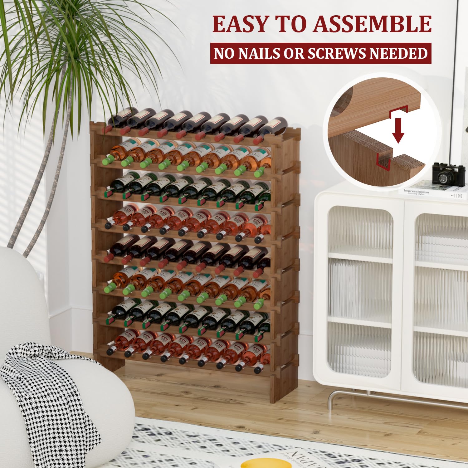 72 Bottle Stackable Bamboo Wine Rack - 8-Tier Freestanding Floor Wine Bottle Holder for Kitchen, Bar, Pantry & Cellar - Walnut Wood Storage Organizer | Perfect for Home Entertaining & Wine Collection Display