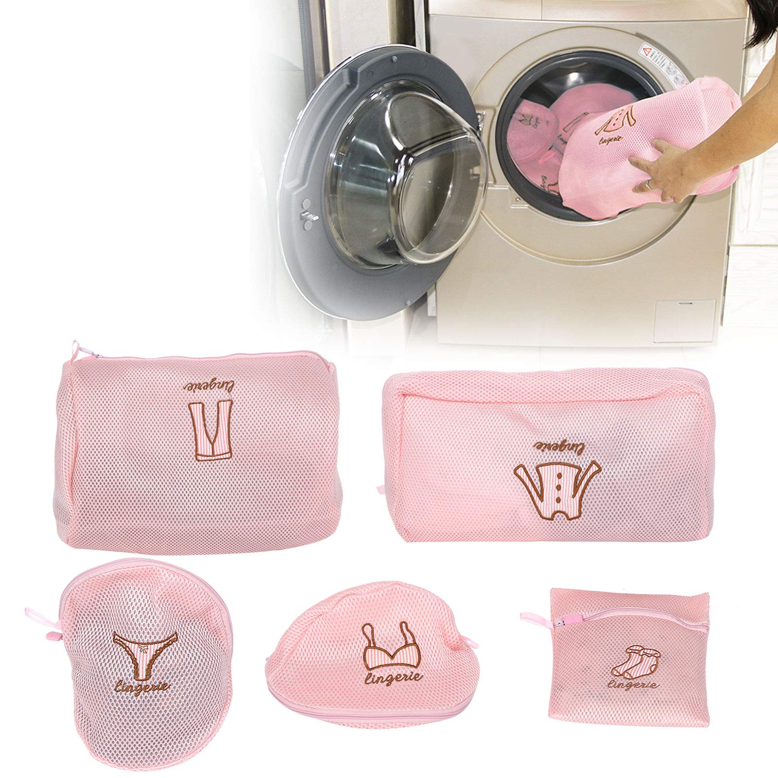 5-Pack Polyester Laundry Wash Bags with Zipper Puller - Non-Toxic Mesh Lingerie & Delicates Organizer for Bras, Socks, Underwear - Perfect for Travel, Dorm & Home Use