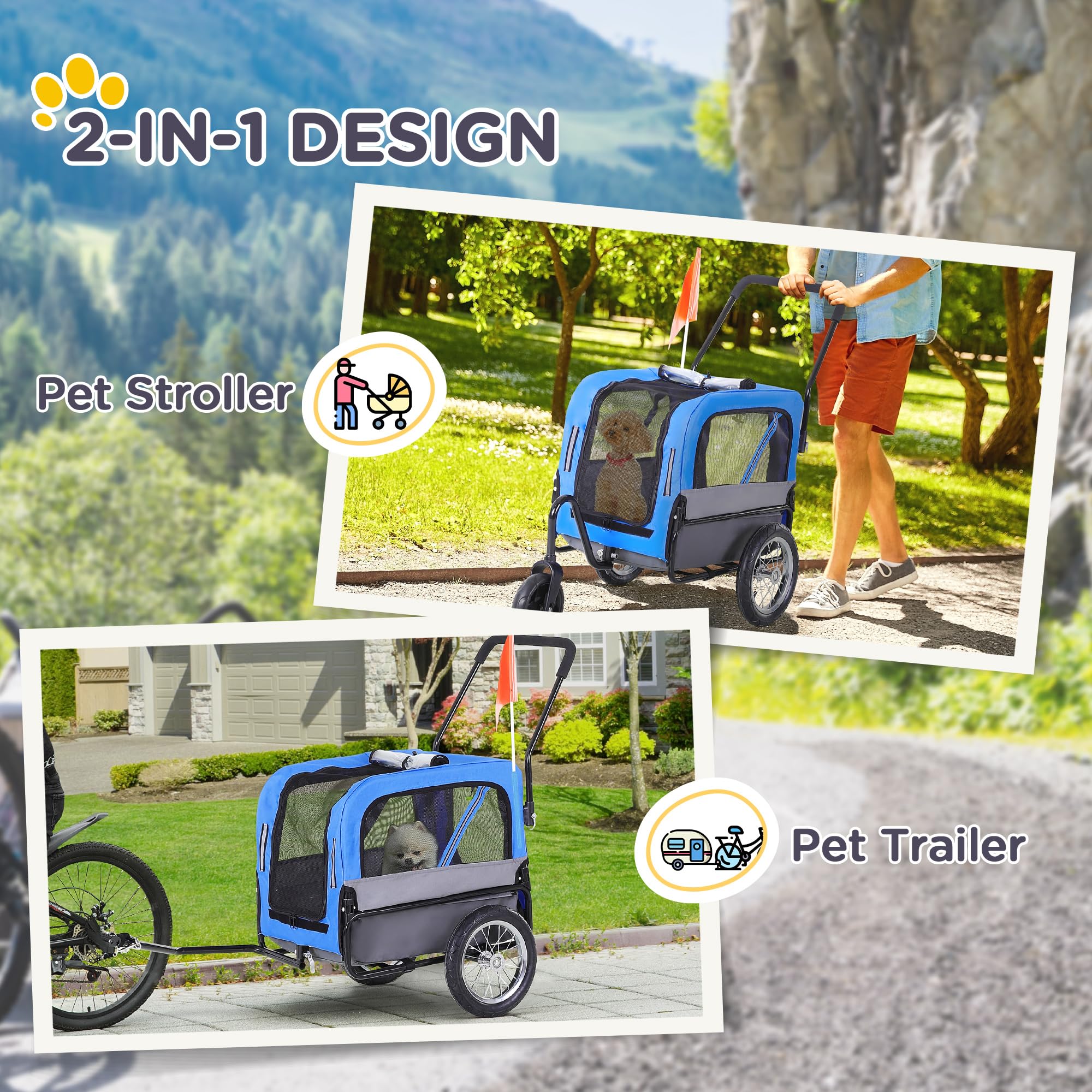 Aosom 2-in-1 Small Dog Bike Trailer & Stroller with Hitch - Blue Bicycle Sidecar Wagon Cart Carrier for Pets | Perfect for Cycling Adventures, Park Visits & Outdoor Travel with Your Dog