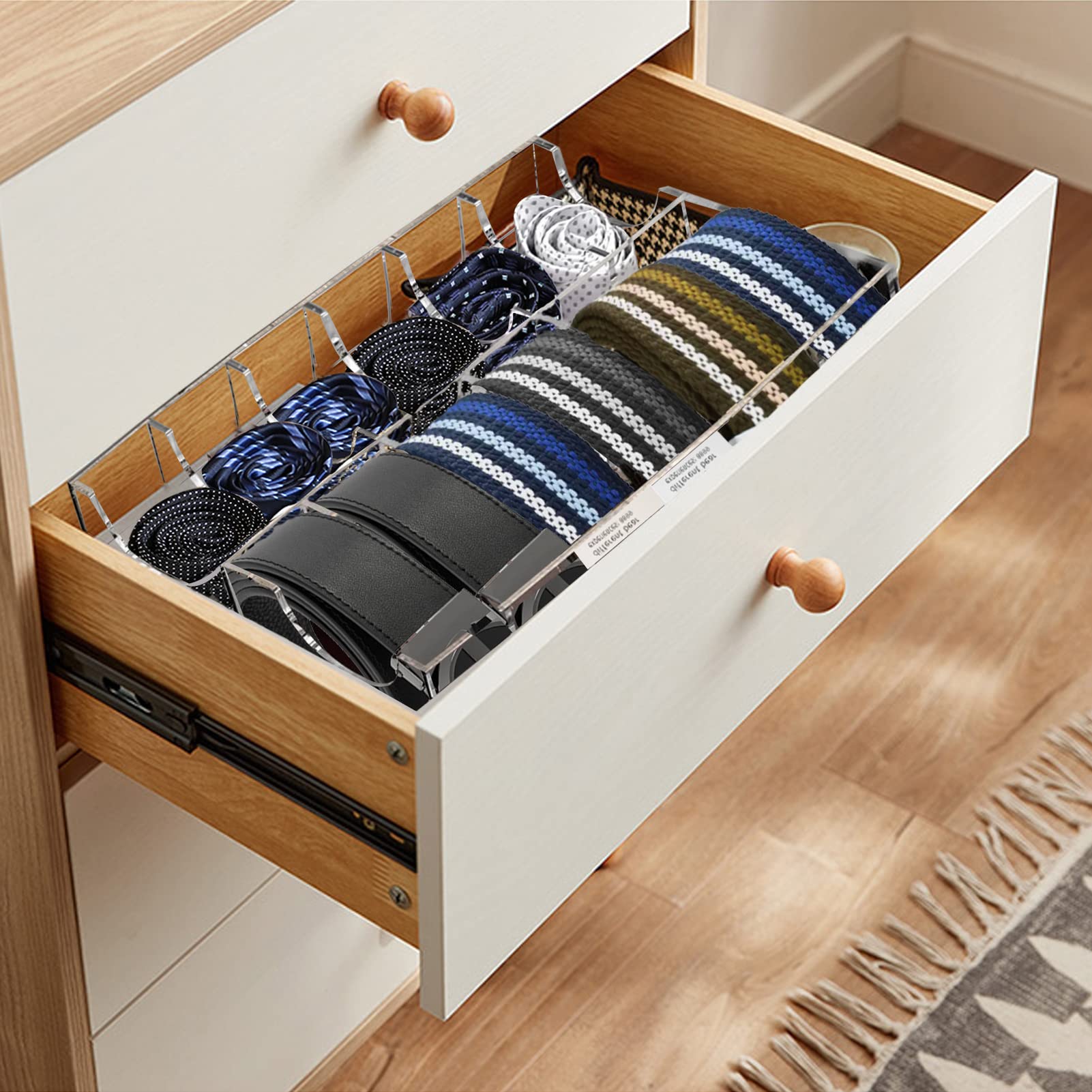 Acrylic Belt Organizer with 12 Compartments - Clear Storage Box for Belts, Ties, Jewelry & Accessories | Perfect for Closet Organization, Retail Display & Travel Storage