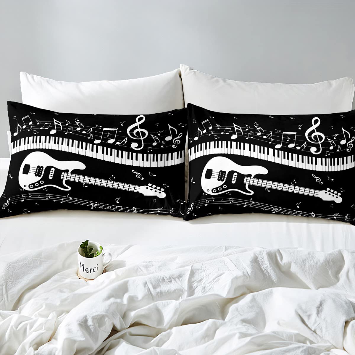 Erosebridal Guitar Bedding Set - Musical Notes & Piano Keys Comforter Cover for Kids, Boys, Girls & Teens - Rock & Roll Music Duvet Cover with Electric Guitar Design - Black Twin Size 2-Piece Bedspread Set - Perfect for Music Lovers' Bedroom Decor & Themed Kids' Rooms