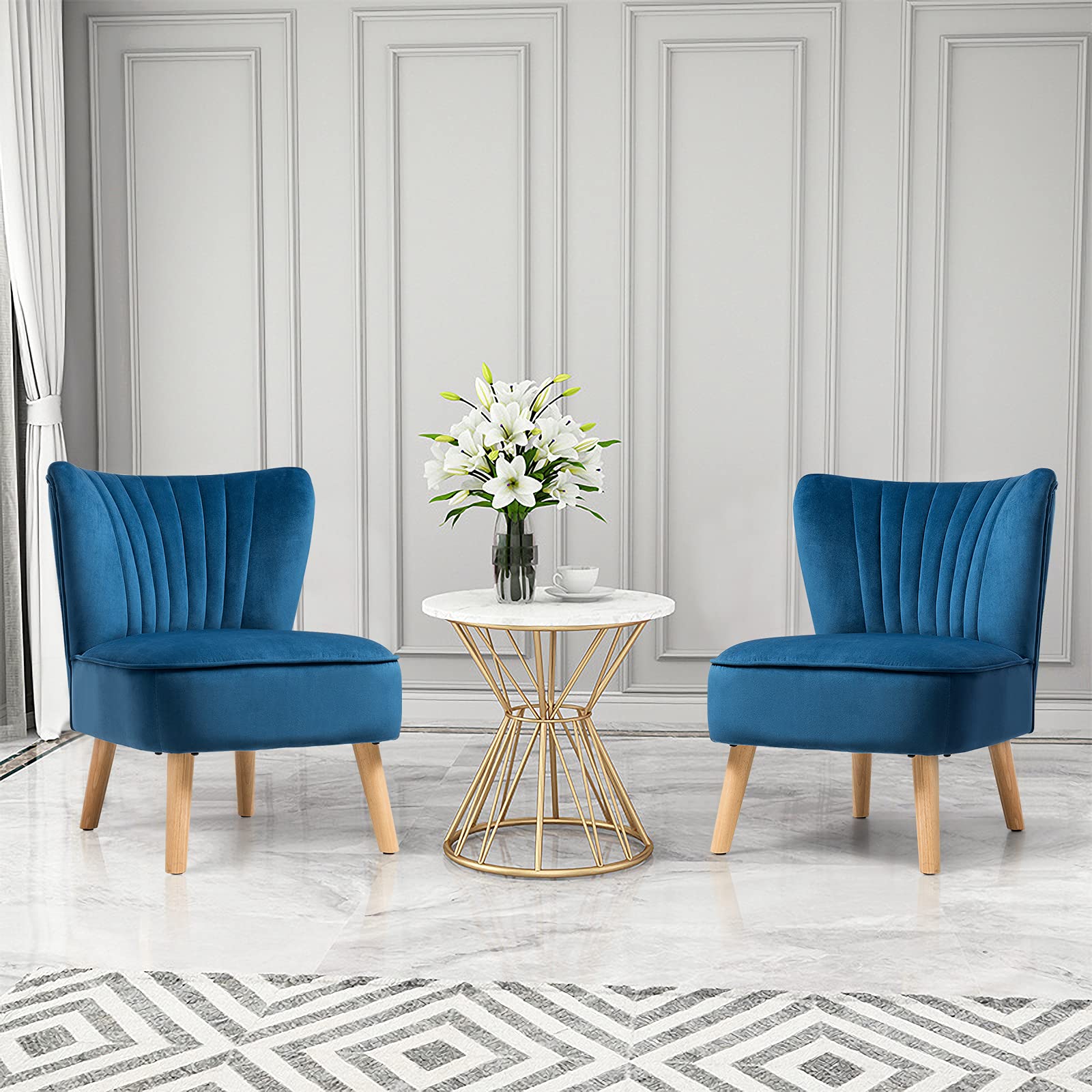 Velvet Modern Armless Accent Chair with Rubber Wood Legs & Thick Sponge Seat - Upholstered Wingback Leisure Sofa for Living Room, Bedroom & Office - Blue Comfort Chair for Relaxing, Reading & Small Space Decor