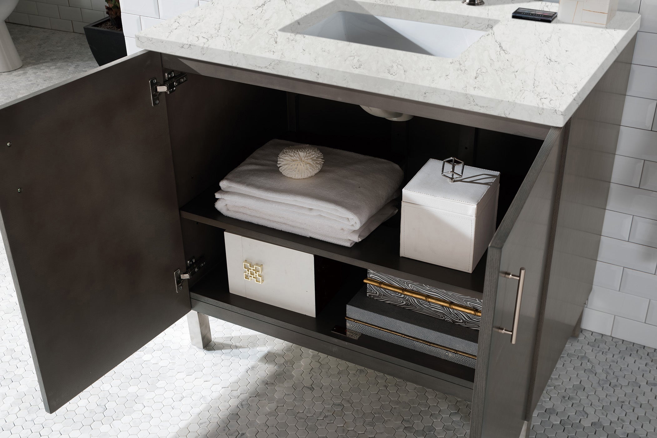 Metropolitan 36 Inch Single Bathroom Vanity Set with Eternal Jasmine Pearl Quartz Top in Silver Oak - Perfect for Modern Master Bathrooms and Powder Rooms