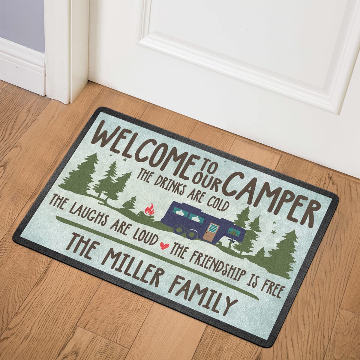 Custom Personalized Welcome to Our Camper Doormat - Family Name Engraved | 16x24 Inch Outdoor RV Mat | Perfect for Campers, RVs & Trailers | The Drinks Are Cold The Laughs Are Loud The Friendship Is Strong