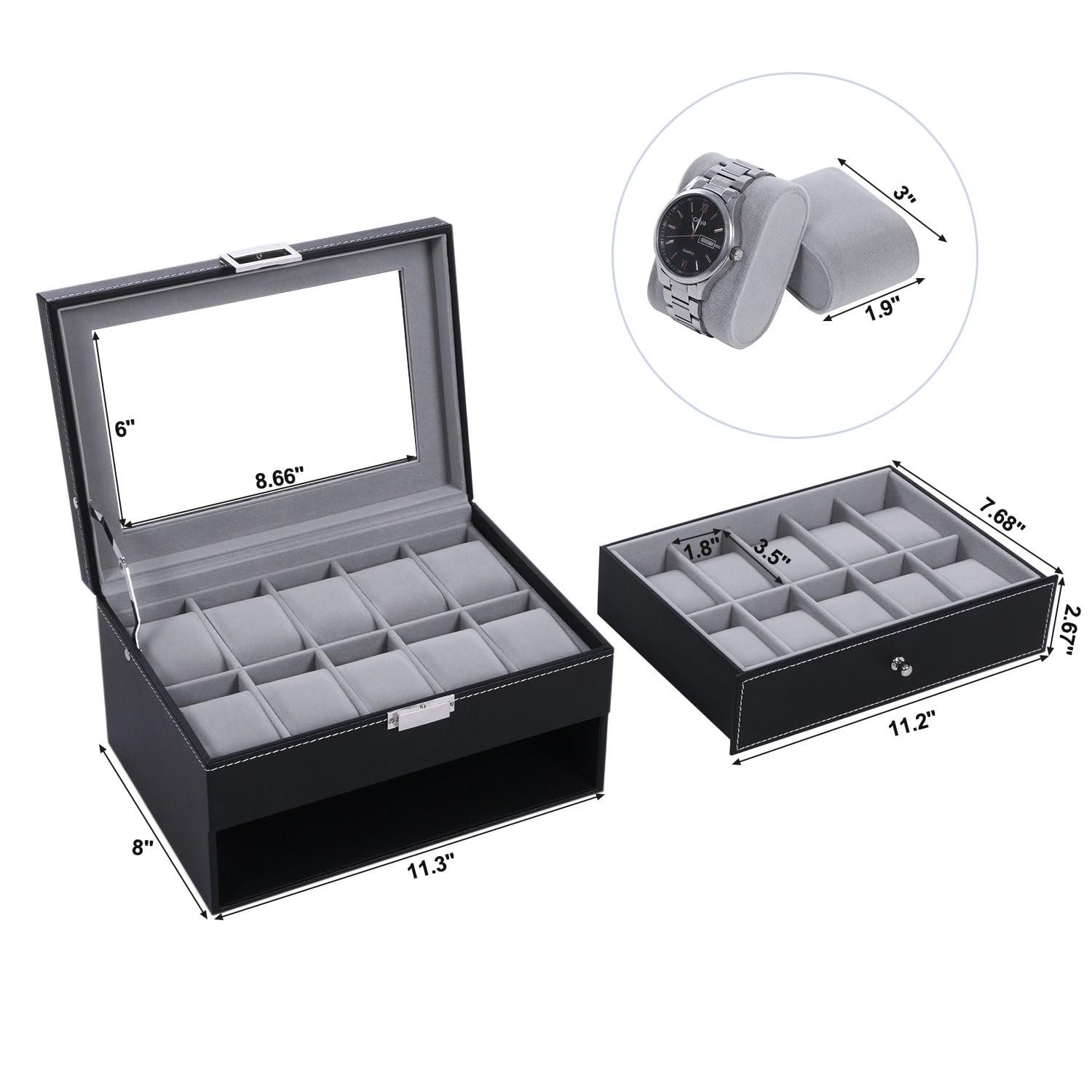 BEWISHOME 20-Slot Watch Box Organizer for Men - Black PU Leather Display Case with Metal Hinge & Glass Top - Large Watch Storage Holder SSH04B - Perfect for Watch Collections, Gifts, and Travel Accessories