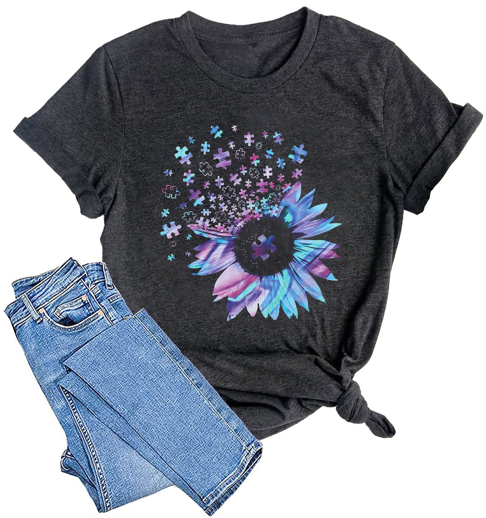 Women's Sunflower Graphic T-Shirt - Short Sleeve Summer Casual Tee Top for Everyday Wear & Outdoor Activities