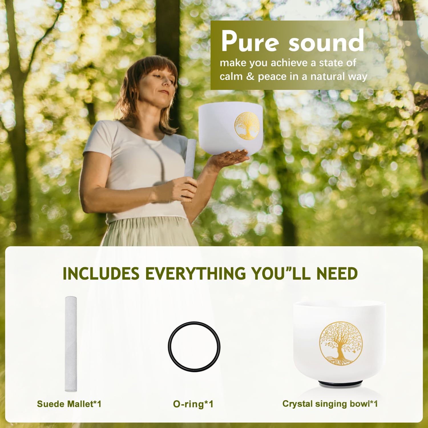 8 Inch 432Hz F Note Heart Chakra Crystal Singing Bowl - Frosted Quartz Tree of Life Sound Bowl with Suede Mallet & O-Ring for Meditation, Yoga, Reiki, Sound Therapy & Energy Healing - Perfect for Spiritual Healing, Chakra Balancing & Relaxation at Home or Studio