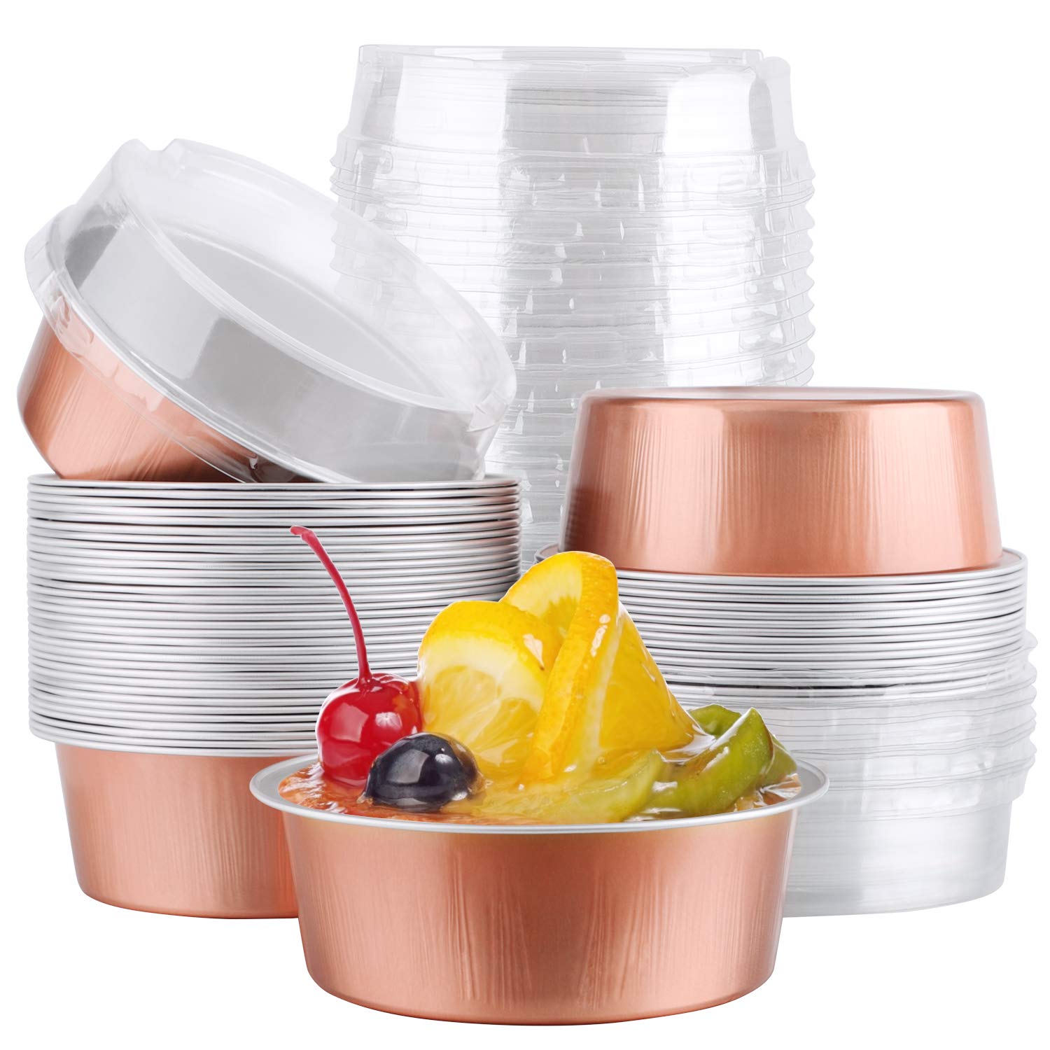 Eusoar 50-Pack 5oz (150ml) Rose Gold Foil Cupcake Cups with Lids - Perfect for Baking Desserts, Flan, Cheesecake & Custard - Ideal for Parties, Catering, Baby Showers & Wedding Favors