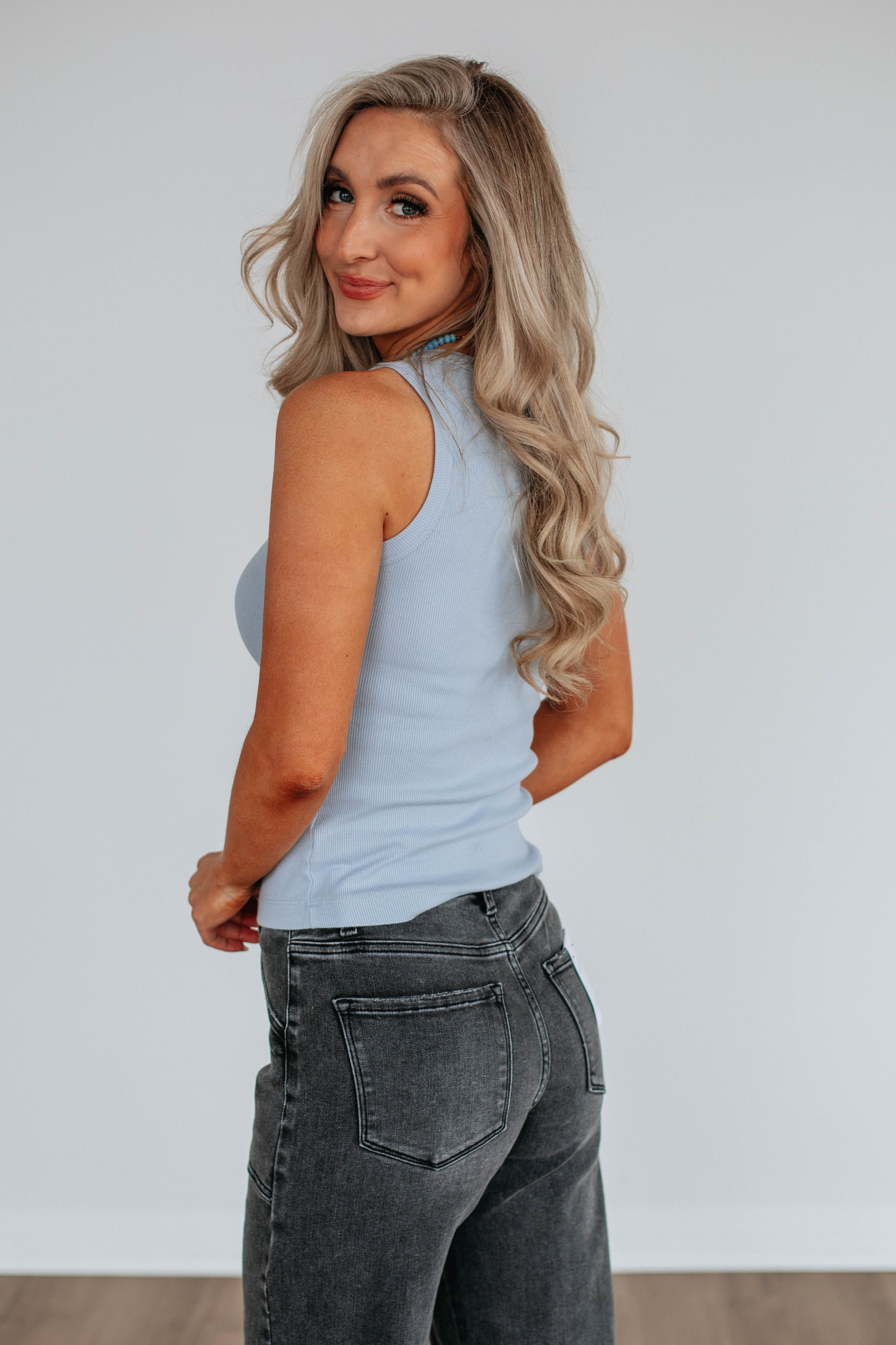 Brighton Ribbed Tank Top for Women - Soft Powder Blue Casual Sleeveless Shirt - Perfect for Summer Outfits, Beach Wear & Layering