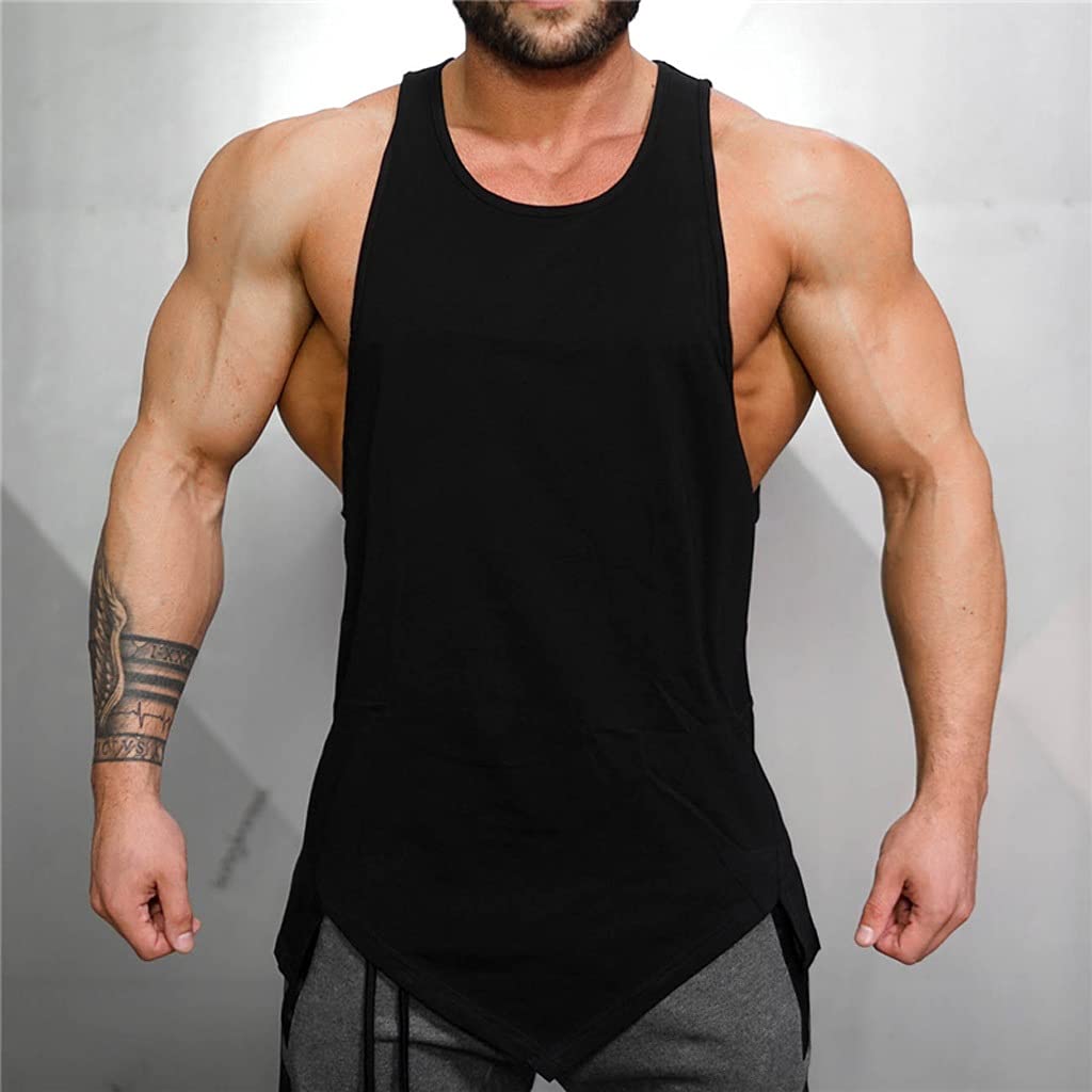 Men's Gym Stringer Tank Top - Bodybuilding & Fitness Sleeveless Shirt - 100% Cotton Muscle Vest for Workout & Training - Breathable Athletic Undershirt (Black, Size L) - Perfect for Weightlifting, CrossFit & Summer Sports