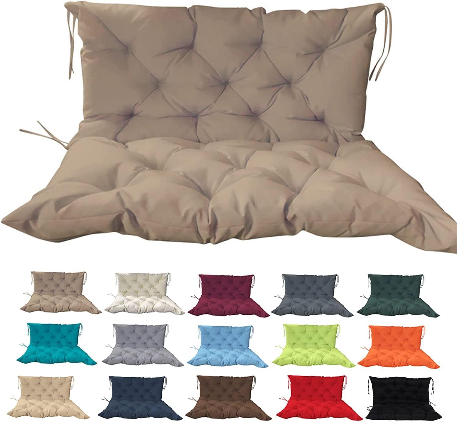Waterproof Outdoor Porch Swing Cushions with Backrest - 47x40 Inch Overstuffed Bench Cushion for 2-3 Seater Garden Patio Furniture - Washable Replacement Swing Pad in Khaki - Perfect for Relaxing on Your Deck, Backyard or Sunroom