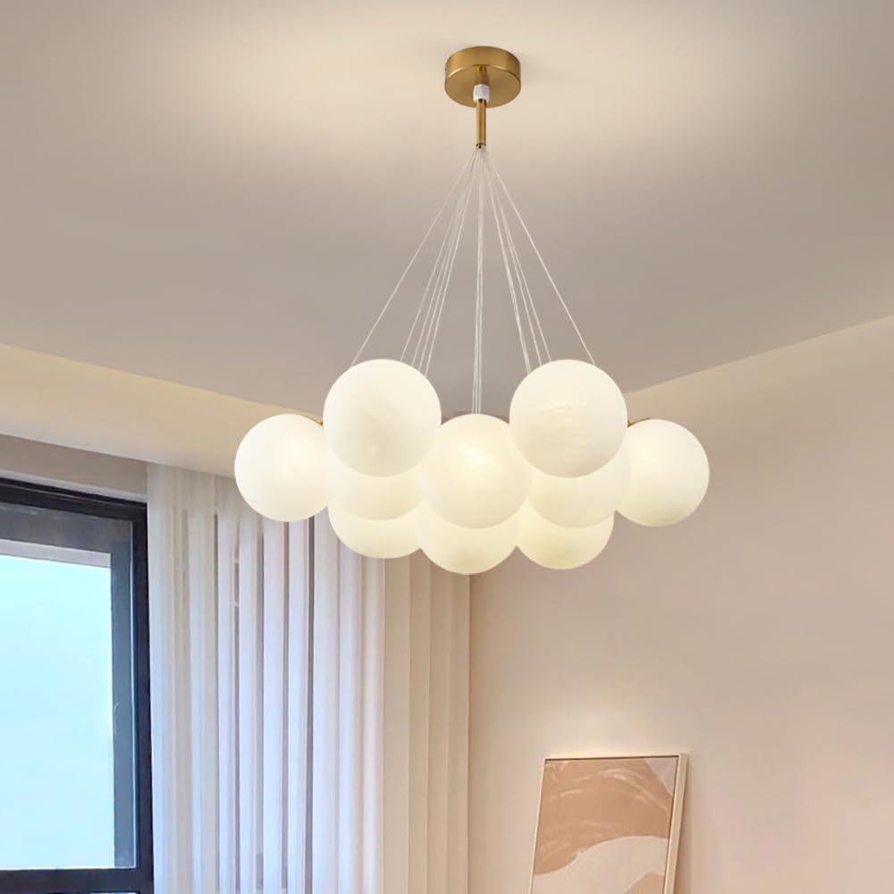 Elegant Glass Bubble Chandelier - 13-Light Frosted Globe Pendant Light Fixture in Gold for Living Room & Dining Room | Perfect for Modern Home Decor, Wedding Venues and Luxury Interior Lighting