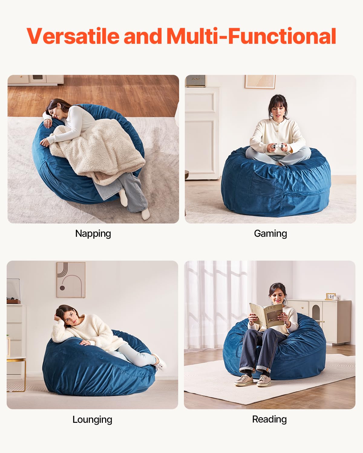 VEVOR Round Bean Bag Chair for Adults - Removable Washable Cover, Dutch Velvet Fabric & High-Density Foam Filling with Handle and Side Pocket - Perfect for Living Room, Bedroom, Office or Dorm - Blue (Home Decor & Comfort Seating)