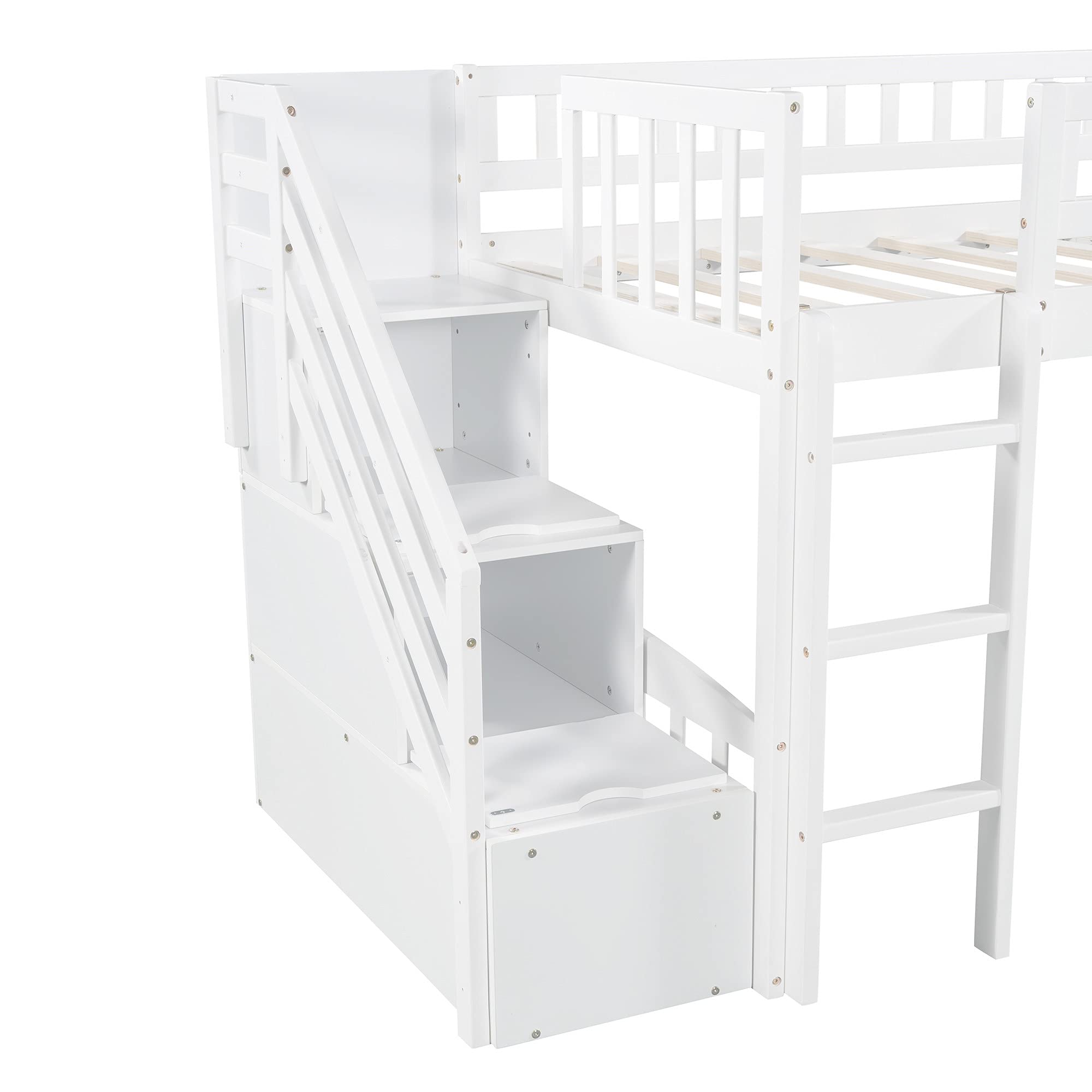 Twin Loft Bed with Stairs and Slide - Wood Low Loft Bed Frame for Kids with 2 Drawers - No Box Spring Needed - Perfect for Small Bedrooms & Playrooms (White, Twin Size)