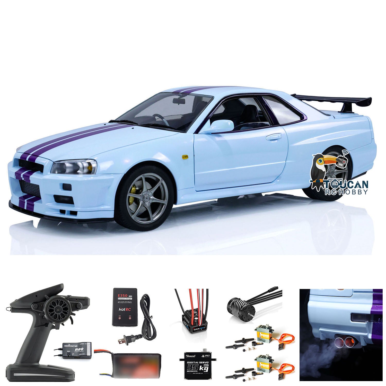 1/8 Scale 4WD Metal RC Racing Car - R34 4x4 High Speed Remote Control Drift Vehicle with Sound & Smoke Effects (RTR Ready-to-Run) - Perfect for Indoor/Outdoor Racing, Drifting & Off-Road Adventures