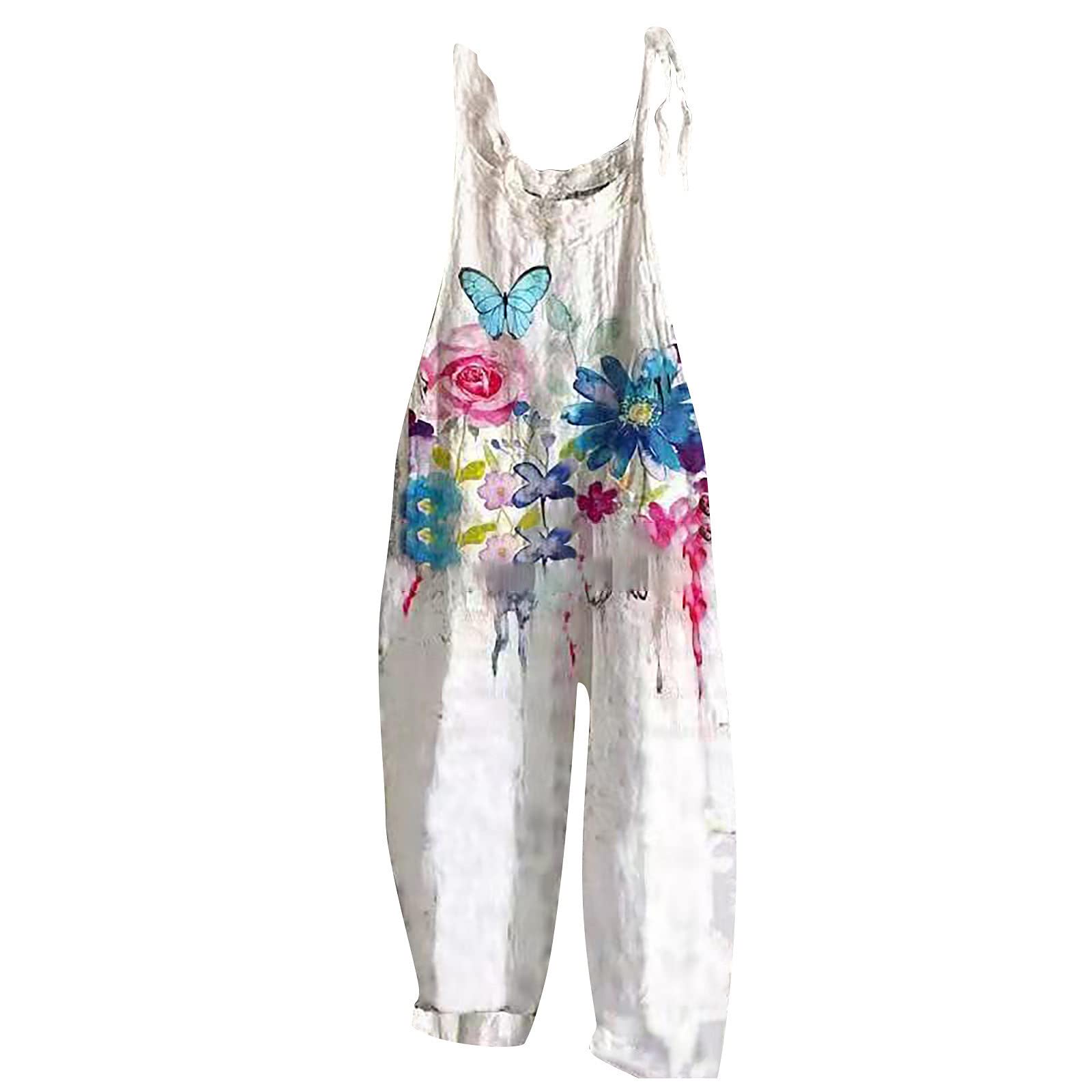 Women's Floral Print Sleeveless Jumpsuit - Adjustable Spaghetti Strap Overalls, Loose Fit One Piece Outfit for Summer, Beach, Casual Wear & Vacation