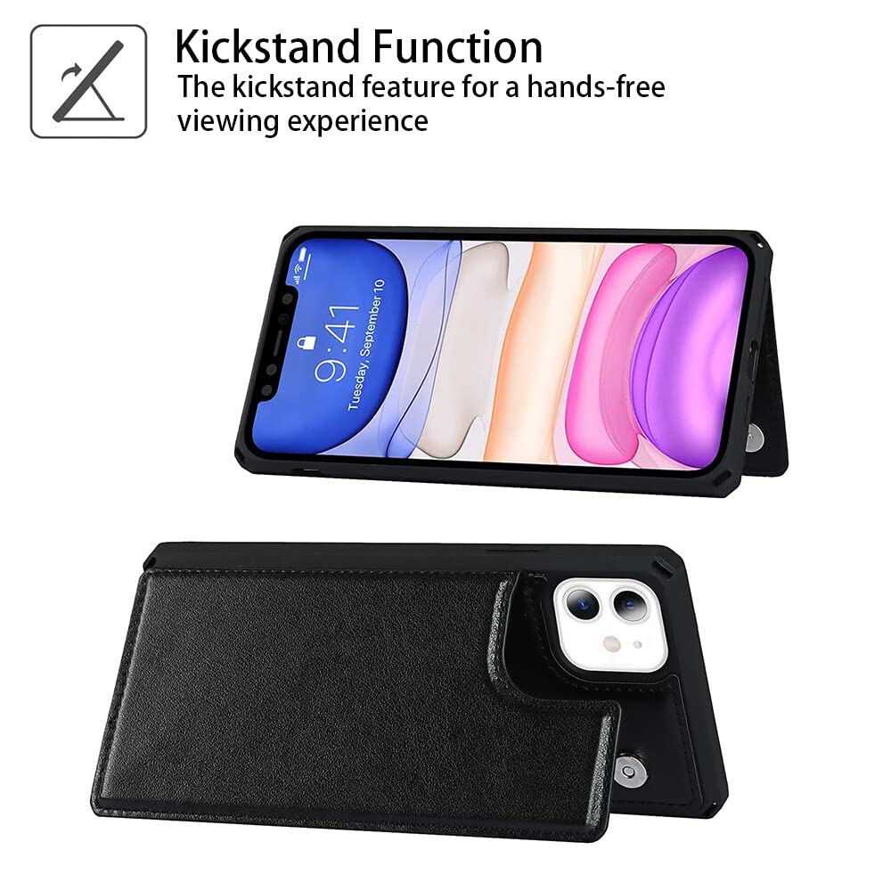 Premium Leather iPhone 11 Wallet Case with Card Holder & Wrist Strap - Shockproof Protective Cover with Stand Feature for Men & Women | Perfect for Travel, Shopping & Everyday Use (Macaron Black)