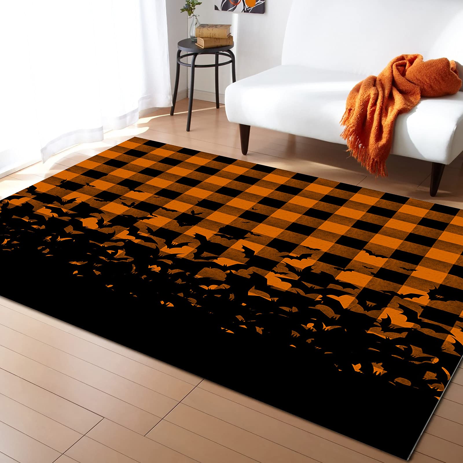 KITHOME Halloween Horror Bats Buffalo Plaid Area Rug - Non-Slip Orange Black Printed Indoor Carpet with Rubber Backing, 4'x6' Rectangle Floor Mat for Living Room, Bedroom & Dorm Decor | Spooky Seasonal Home Decor