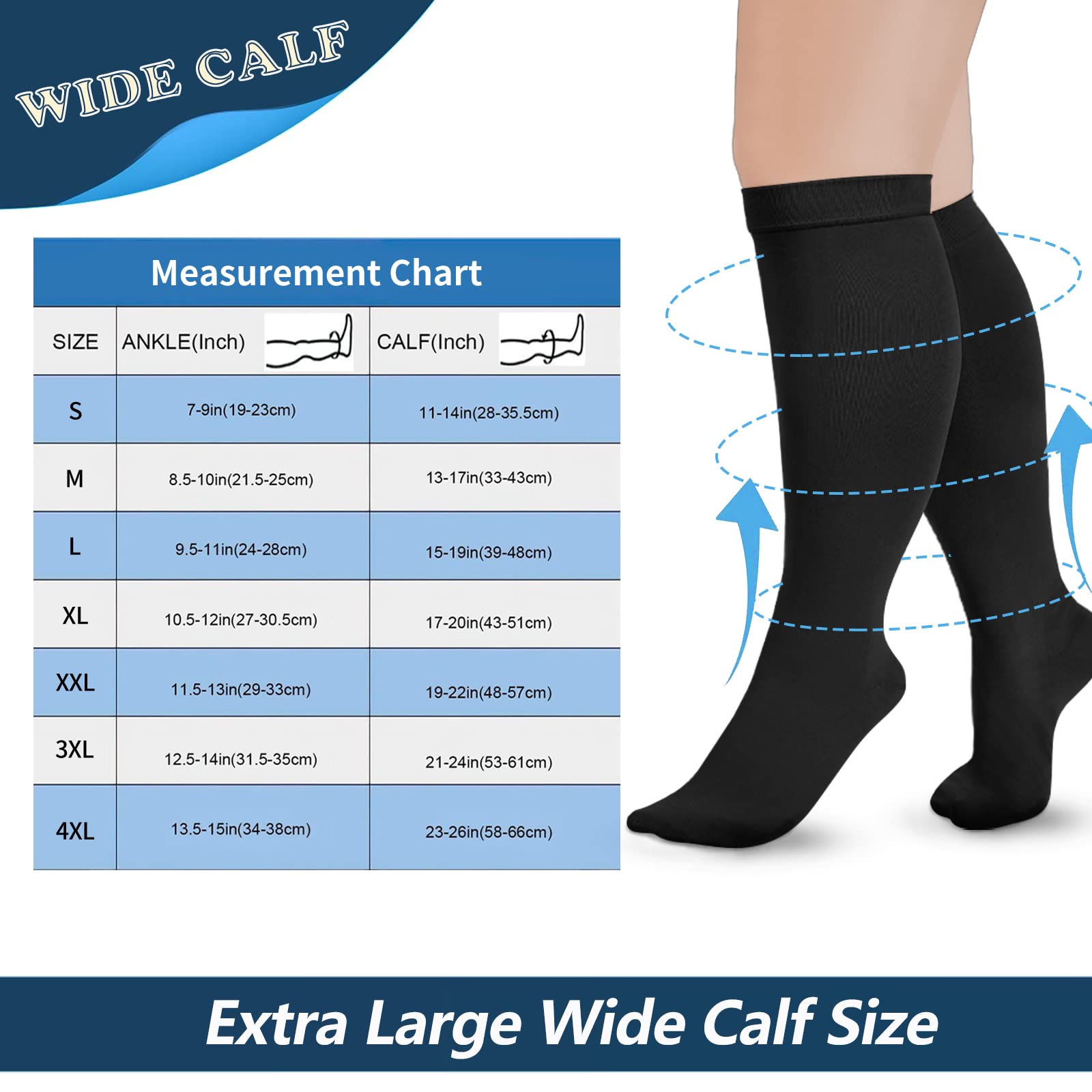 Extra Wide Calf Compression Socks for Women & Men - 20-30 mmHg Plus Size Knee High Stockings for Swelling & Pain Relief - Ideal for Travel, Nursing & Varicose Vein Support