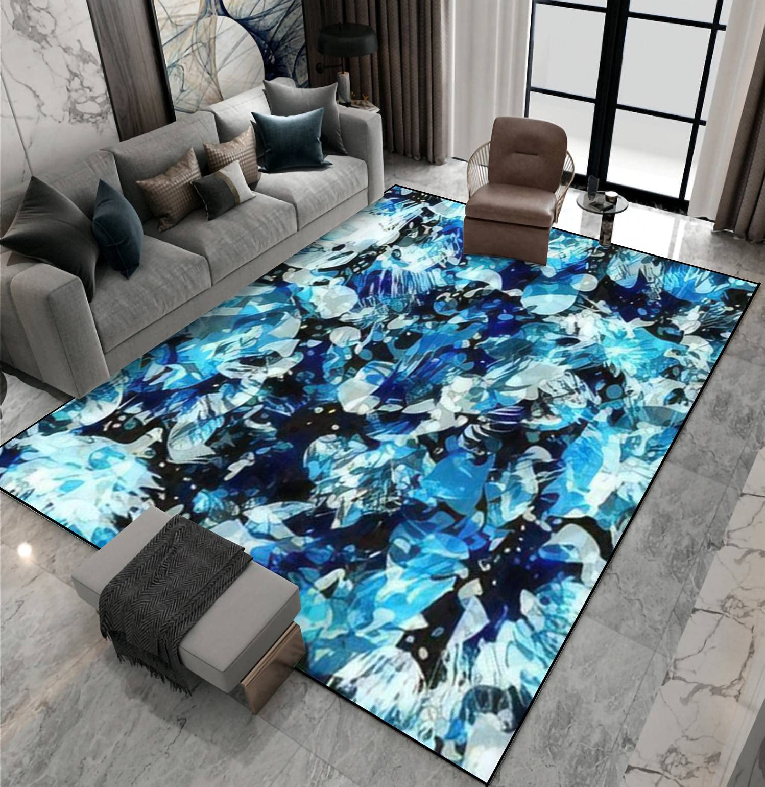 Non-Slip Blue Abstract Area Rug with Seamless Texture - Indoor/Outdoor Floor Mat for Living Room, Bedroom, Kids Room, Yoga Studio, Patio & Entryway - Durable Carpet Runner with Anti-Skid Spikes for Home Decor & Safety