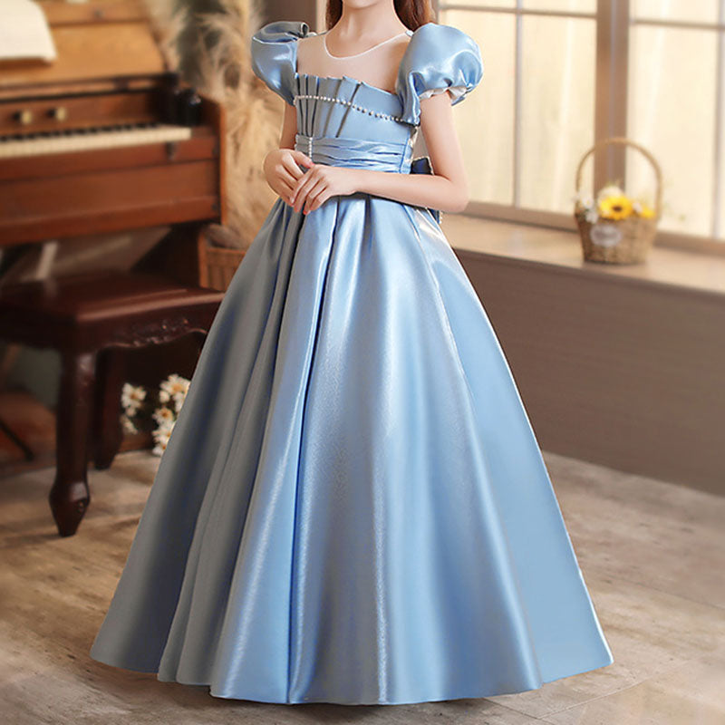 Blue Satin A-Line Flower Girl Dress with Ruffle Puff Sleeves - Perfect for Weddings, Baptisms & Special Occasions
