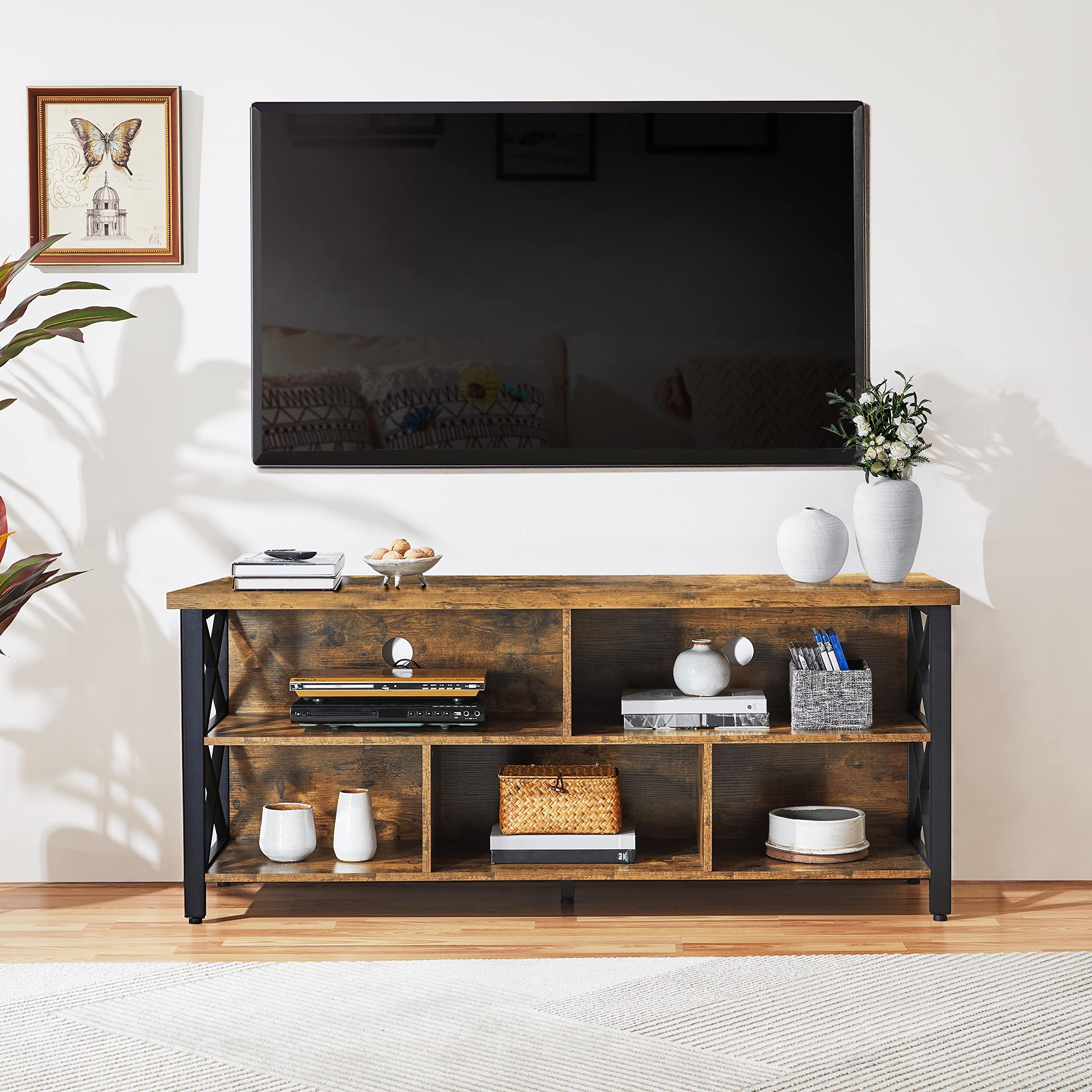 Yaheetech 65 Inch TV Stand with Storage Cabinets - Industrial Rustic Brown Wood & Metal Entertainment Center for Living Room - Perfect for Home Theater & Modern Farmhouse Decor