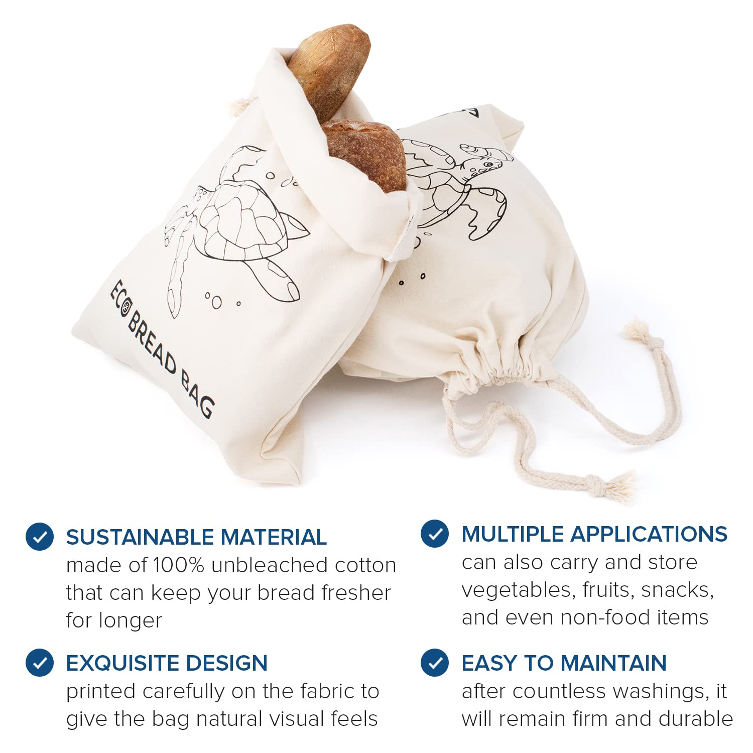 Joeji's Kitchen Bread Bag Set of 2 - 30 x 40 cm Reusable Cotton Cloth Bread Storage Bags for Homemade Bread, Bakery Treats & Pastries | Eco-Friendly Zero Waste Alternative to Plastic | Perfect for Bread Storage, Picnics & Gifts