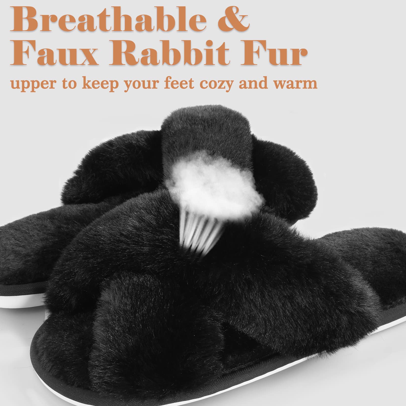 Ankis Women's Fuzzy Fluffy Slippers - 2 Pair Cozy Soft Comfy House Slippers with Cross Band, Open Toe & Non-Slip Sole for Indoor/Outdoor Use - Perfect for Relaxing at Home, Lounging or Quick Errands