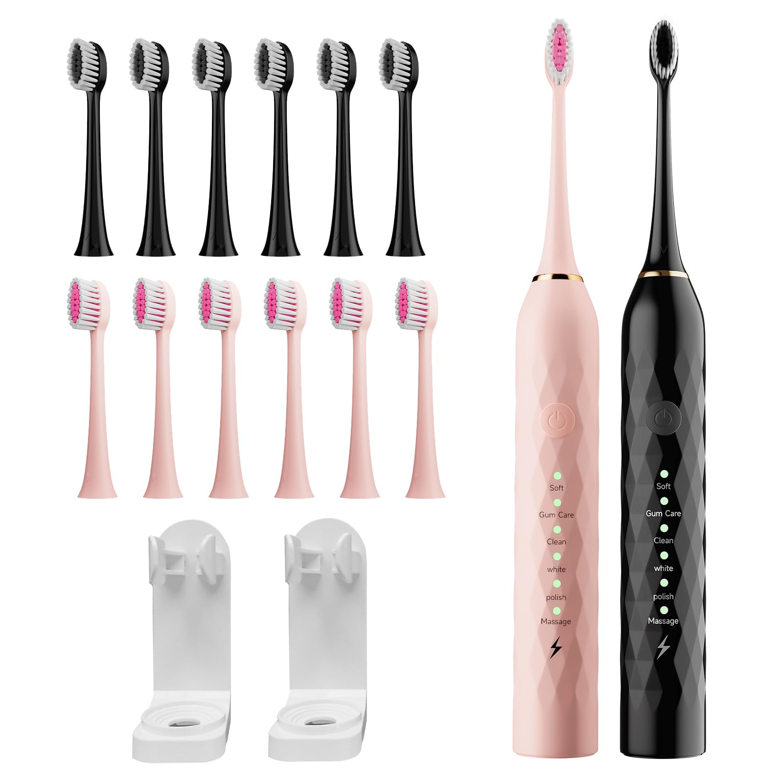 Premium Electric Toothbrush 2 Pack for Adults - 10 Replacement Brush Heads, 2 Holders, 6 Cleaning Modes & Smart Timer - 2 Hour Fast Charge Lasts 60 Days (Black & White) - Perfect for Travel, Home & Family Oral Care