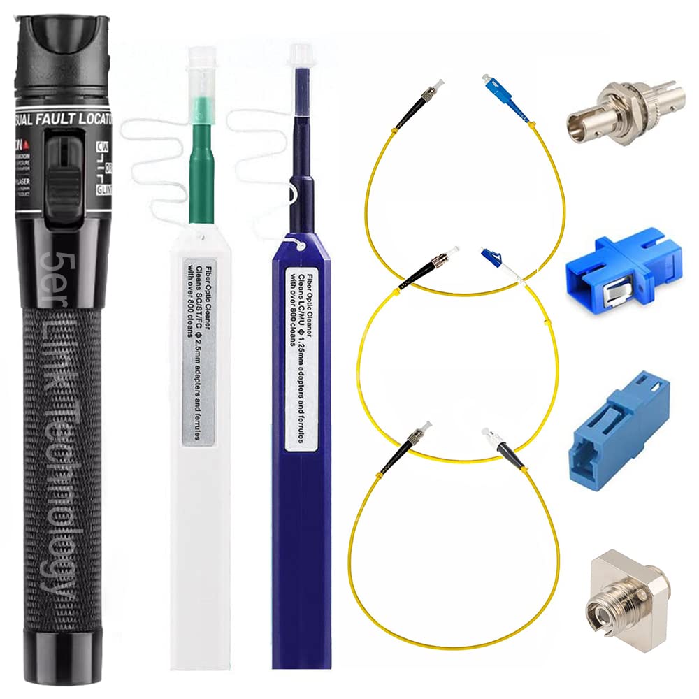 Fiber Optic Cable Troubleshoot Kit - 50mW/50km VFL Visual Fault Locator Pen with LC/SC/ST/FC Coupler Adapters, 2 Cleaners & 3 Patch Cords - Perfect for Network Maintenance, Data Center & Telecom Repairs