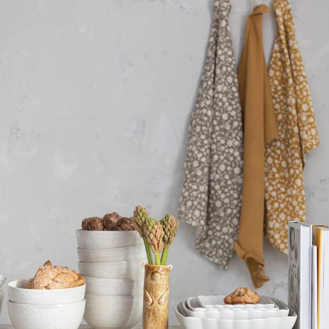 Premium Cotton Slub Printed Waffle Tea Towel Set - 6 Pack Absorbent Kitchen Towels for Dish Drying, Hand Wiping & Home Decor