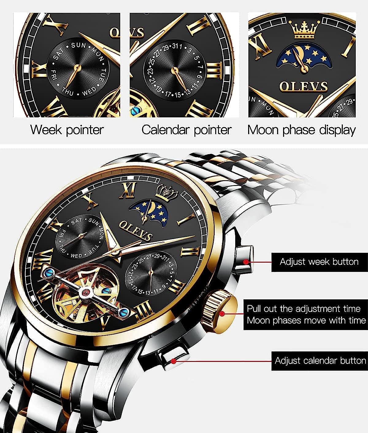 OLEVS Men's Automatic Mechanical Tourbillon Watch - Self-Winding Luxury Stainless Steel Waterproof Wristwatch with Luminous Hands & Date Display | Perfect for Business, Formal Events & Everyday Wear