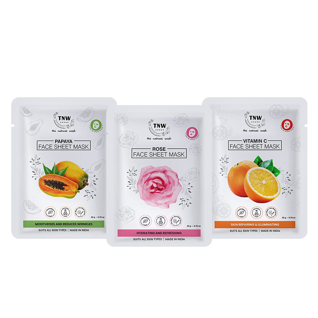 TNW THE NATURAL WASH Vitamin C, Papaya & Rose Sheet Mask Set (3 Pack) - Skin Repair, Glow & Wrinkle Reduction for All Skin Types | Perfect for Spa Nights, Self-Care Routines & Gift Giving