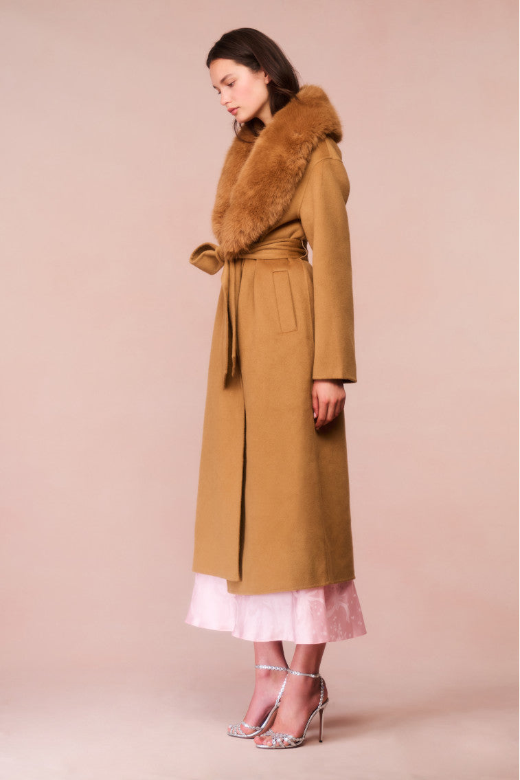 Luxury Mahika Wool Cashmere Coat with Faux Fur Collar - Women's Winter Warm Trench Coat for Office, Dating & Formal Occasions