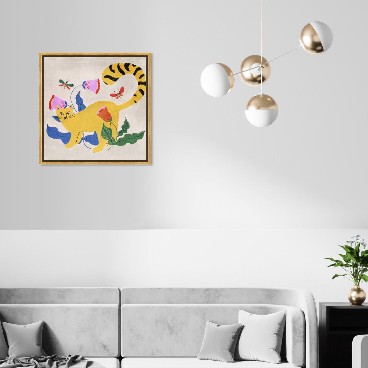 Blonde Tabby Floral Kitten Butterfly Garden Modern Yellow Framed Canvas Wall Art Print - Home Decor for Bedroom, Living Room & Nursery