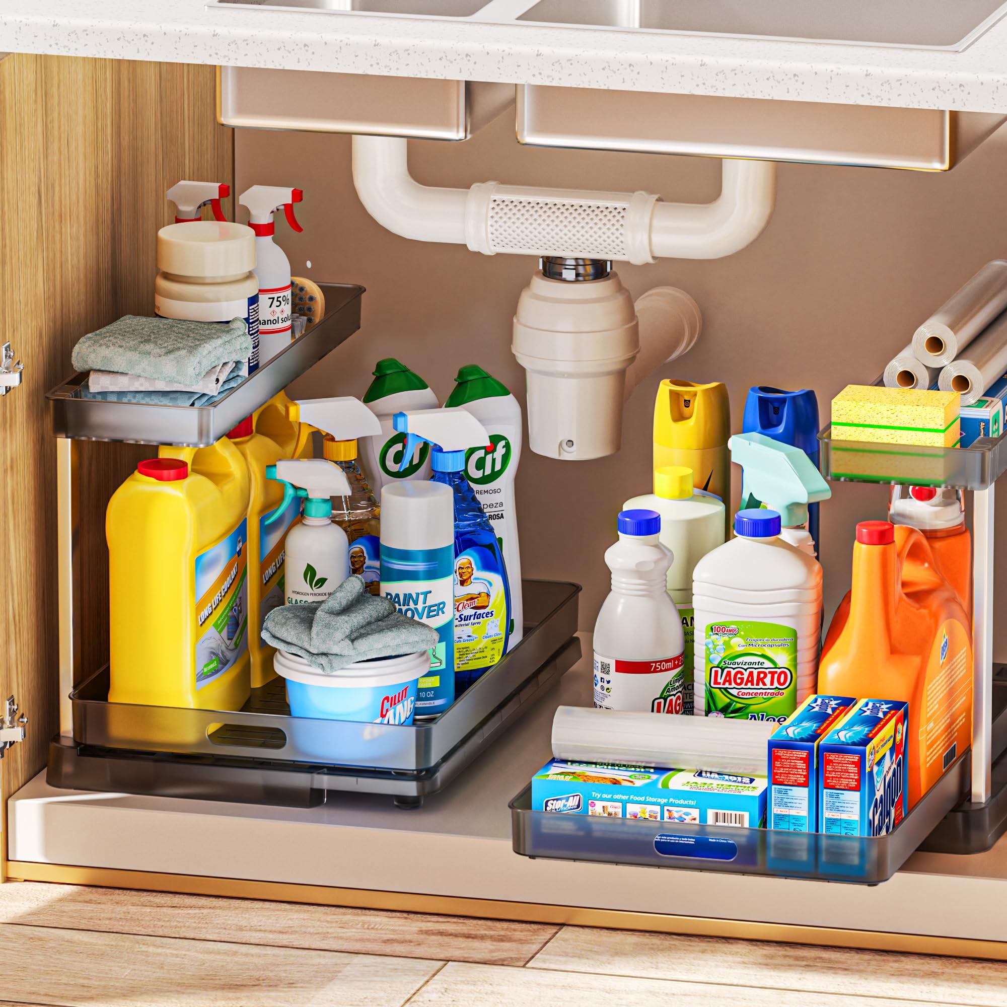 Delamu Under Sink Organizer - Pull Out Cabinet Storage Shelf with Slide Out Design for Kitchen, Bathroom & Pantry Organization | Space Saving Solution for Cleaning Supplies, Sponges & Toiletries