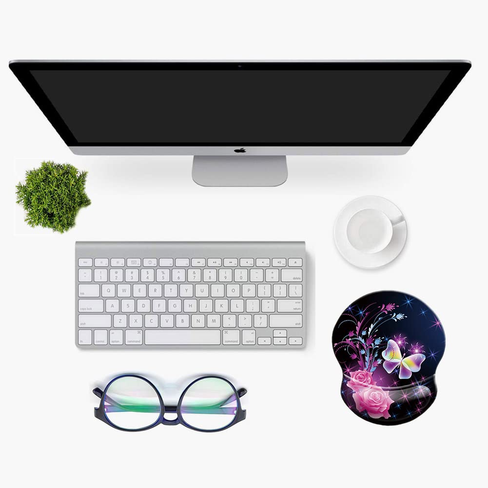 Ergonomic Wrist Mouse Pad with Comfortable Wrist Rest Support - Smooth Cloth Gaming Mouse Pad for Computer, Laptop, Home & Office Use - Perfect for Long Work Hours, Gaming Sessions & Typing (Flower Butterfly Design)