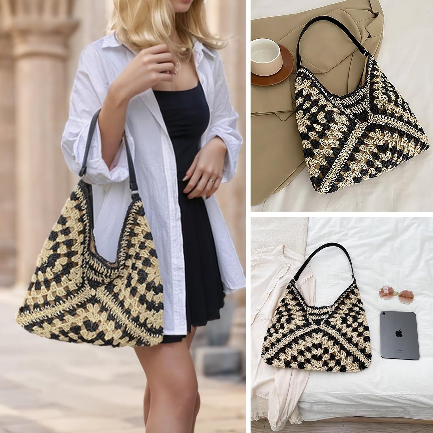 Women's Straw Woven Hobo Beach Bag - Lightweight Summer Tote Shoulder Bag for Women - Perfect for Beach, Pool, Picnic & Travel Accessories