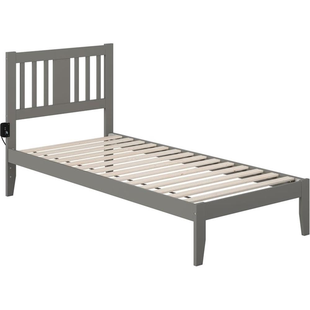 BOWERY HILL Solid Wood Twin XL Spindle Bed Frame with USB Turbo Charger - Gray Finish | Sturdy & Modern Platform Bed for Guest Rooms, Dorms & Small Spaces