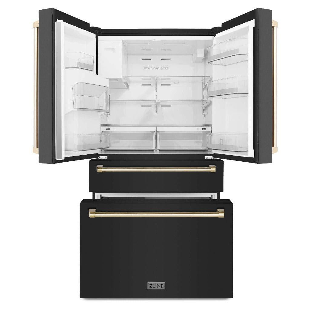 ZLINE Autograph Edition 36 Inch Counter Depth French Door Refrigerator - 21.6 cu. ft. Capacity, Fingerprint Resistant Black Stainless Steel with Polished Gold Handles, Built-In Water and Ice Dispenser (RFMZ W 36 BS G) - Perfect for Modern Kitchens, Open-Concept Homes & Entertaining Spaces