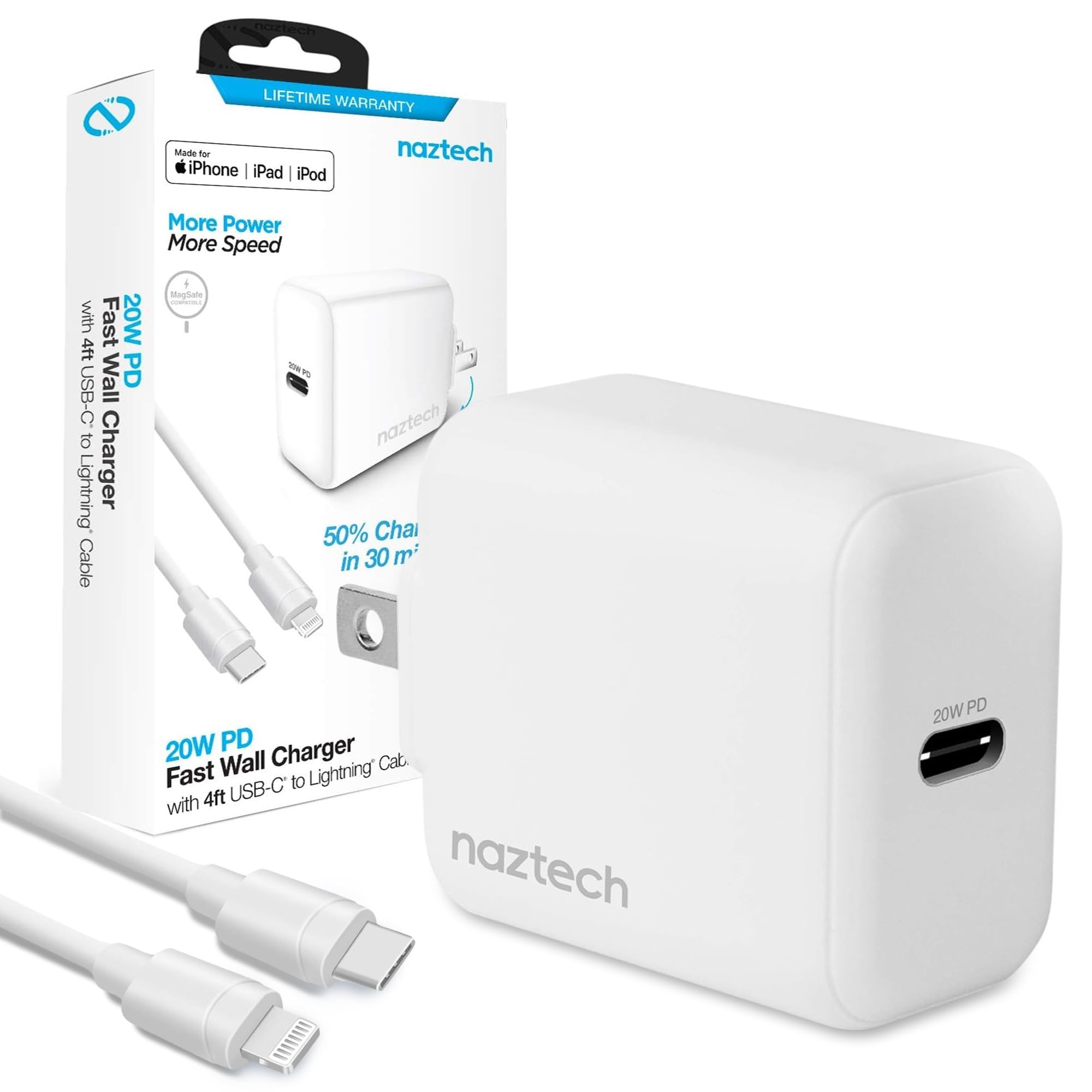 Naztech 20W USB-C PD Fast Wall Charger with 4ft USB-C to Lightning Cable - MFi Certified for iPhone, Fast Charging Adapter for Android Phones, MacBook, iPad, Travel Charger - White - Perfect for Home, Office & Travel Charging Needs