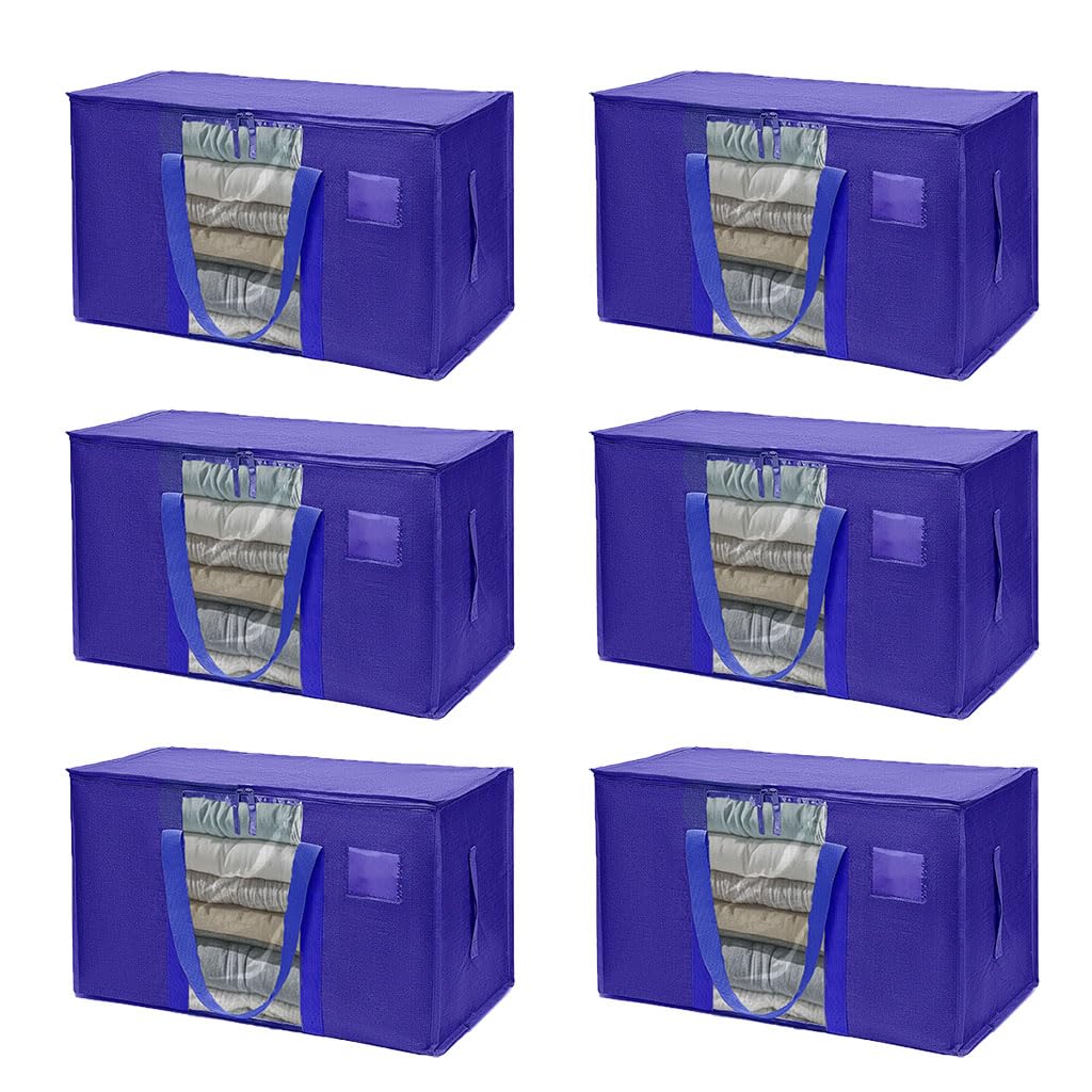 Elebac Heavy-Duty Moving Storage Boxes with Lids - 6 Pack Blue Waterproof Packing Totes for Clothes, Camping, College Dorm & Home Organization - Durable Moving Supplies for Easy Transport & Storage