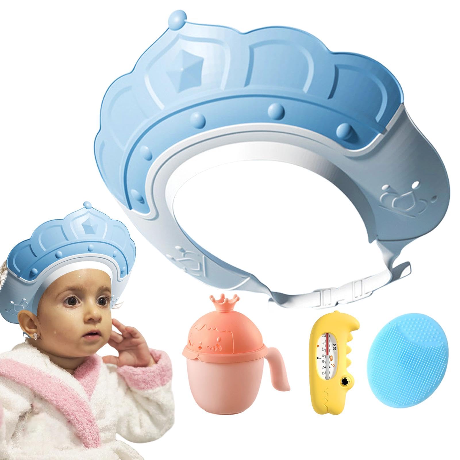 Waterproof Bathing Hat for Kids - Adjustable Hair Washing Shield with Built-in Temperature Gauge & Shampoo Cup | Includes Massage Brush for Gentle Hair Care | Perfect for Toddler Bath Time, Spa Days & Sensitive Scalp Care