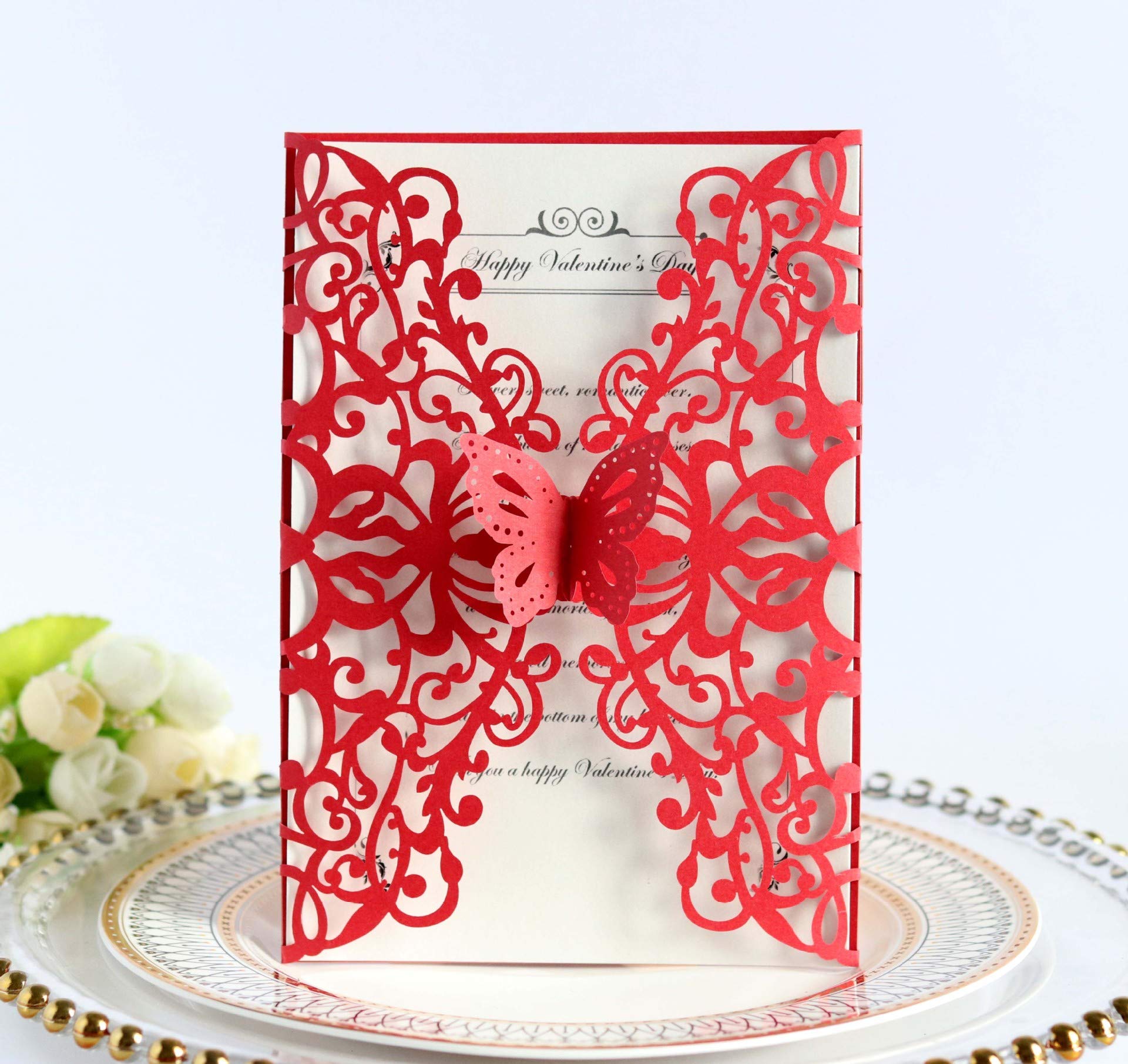 50 Sets Wedding Invitation Cards - Laser Cut Butterfly Floral Design, Multi-Colored Decor for Bridal Shower, Engagement & Anniversary Parties (Red) - Elegant RSVP Cards & Party Favors for Special Occasions