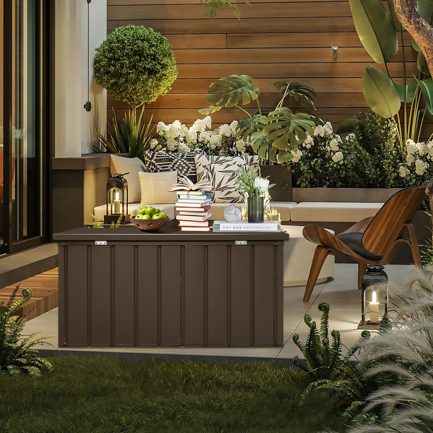 120 Gallon Waterproof Lockable Steel Outdoor Storage Deck Box - Dark Brown | Organize Patio Cushions, Garden Tools, Pool Equipment & Toys | Weatherproof Storage Solution for Backyard, Deck & Poolside