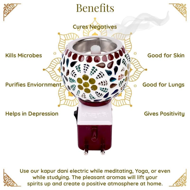 Premium Electric Camphor Diffuser & Essential Oil Aromatherapy Device - Glass Kapoor Dhani with On/Off Switch for Dual Use as Burner & Night Lamp - Perfect for Meditation, Yoga, and Home Relaxation