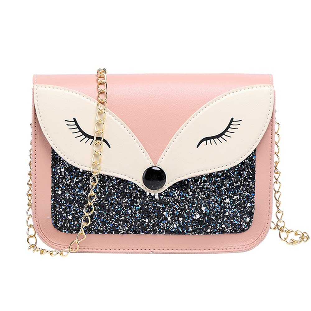 Cute Fox Sequins Leather Crossbody Bag for Little Girls - Small Shoulder Purse with Adjustable Strap, Kids Gift for Birthday, Party & School (Pink)