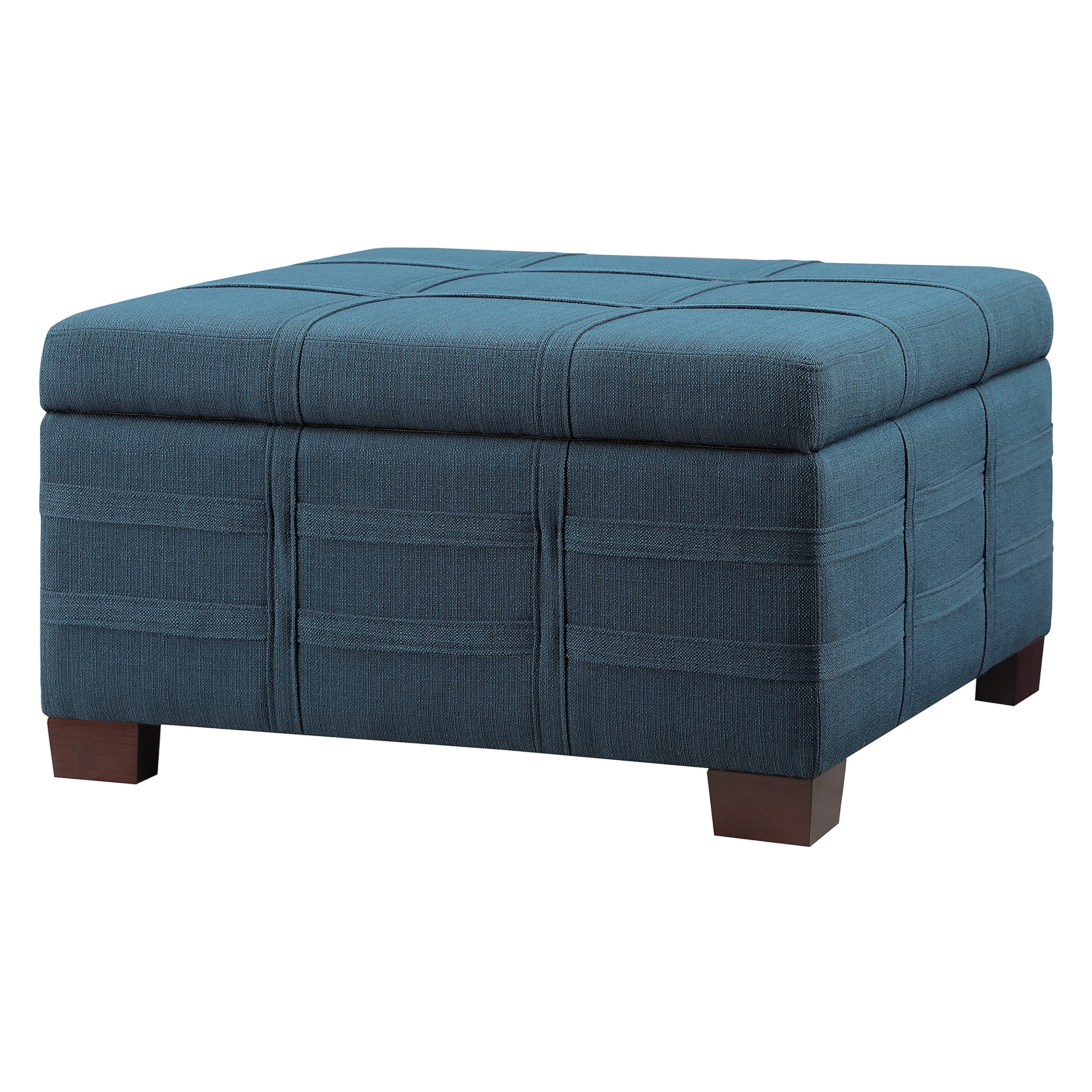 OSP Home Furnishings Detour Strap Square Storage Ottoman with Removable Tray & Solid Wood Legs - Azure Blue Fabric Upholstered Bench for Living Room, Bedroom & Entryway Storage Solution