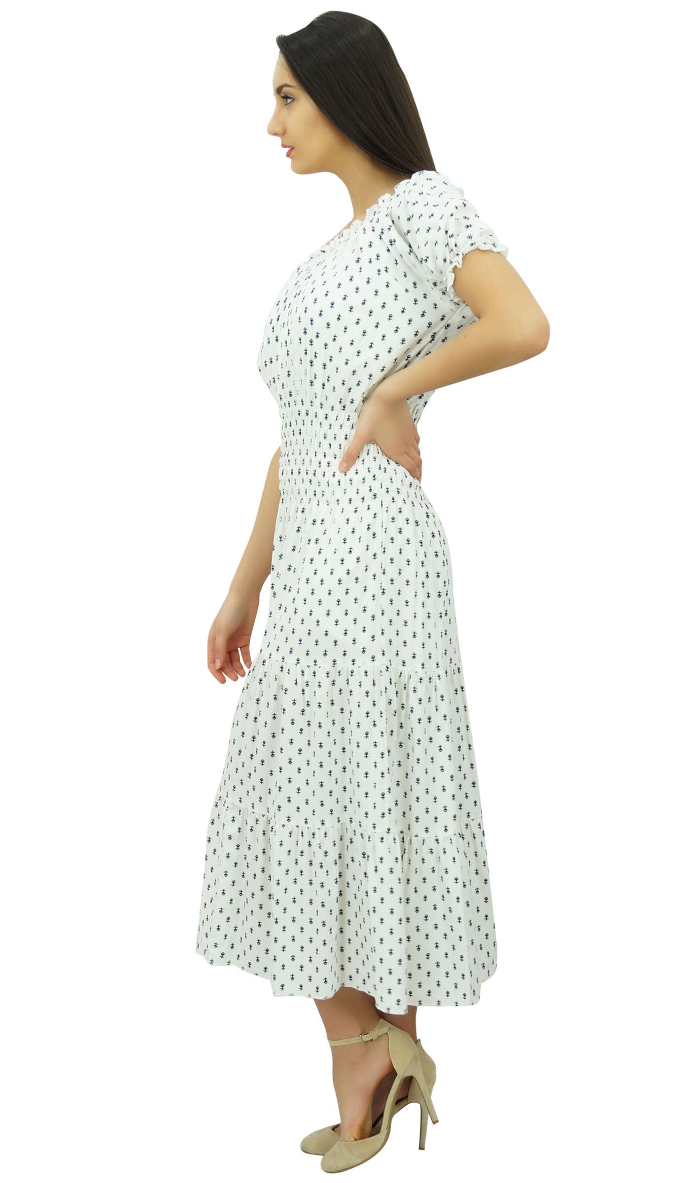 Bimba Women's Printed Off Shoulder Party Dress with Smocked Waist - Flared Maxi Dress for Weddings, Cocktail Parties & Summer Vacations