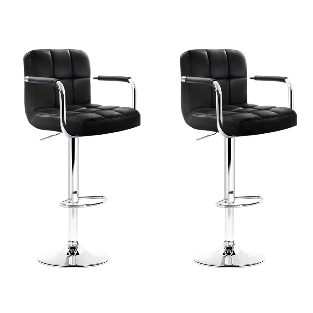 Black Leather Bar Stools with Gas Lift and Armrests - Adjustable Height for Kitchen Island, Breakfast Nook & Home Bar Seating